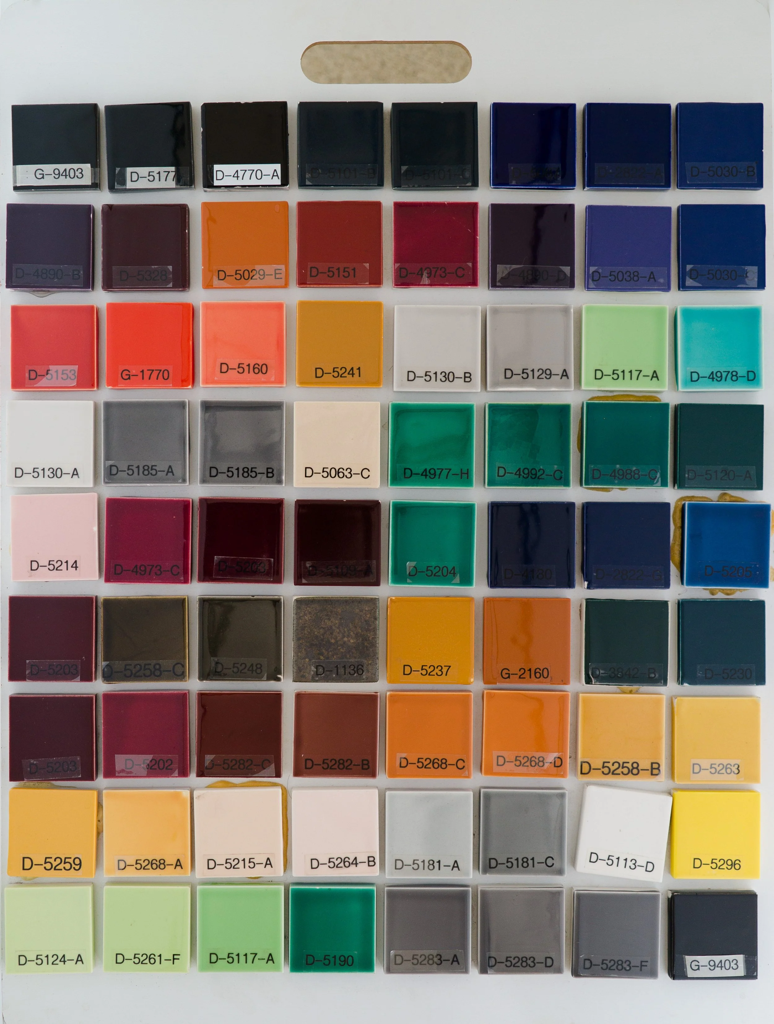 Sample display board 1 showing Gloss Glazes fired on Standard Bisque body at Cone 05. Codes ranges include G-9403 to G-9403.