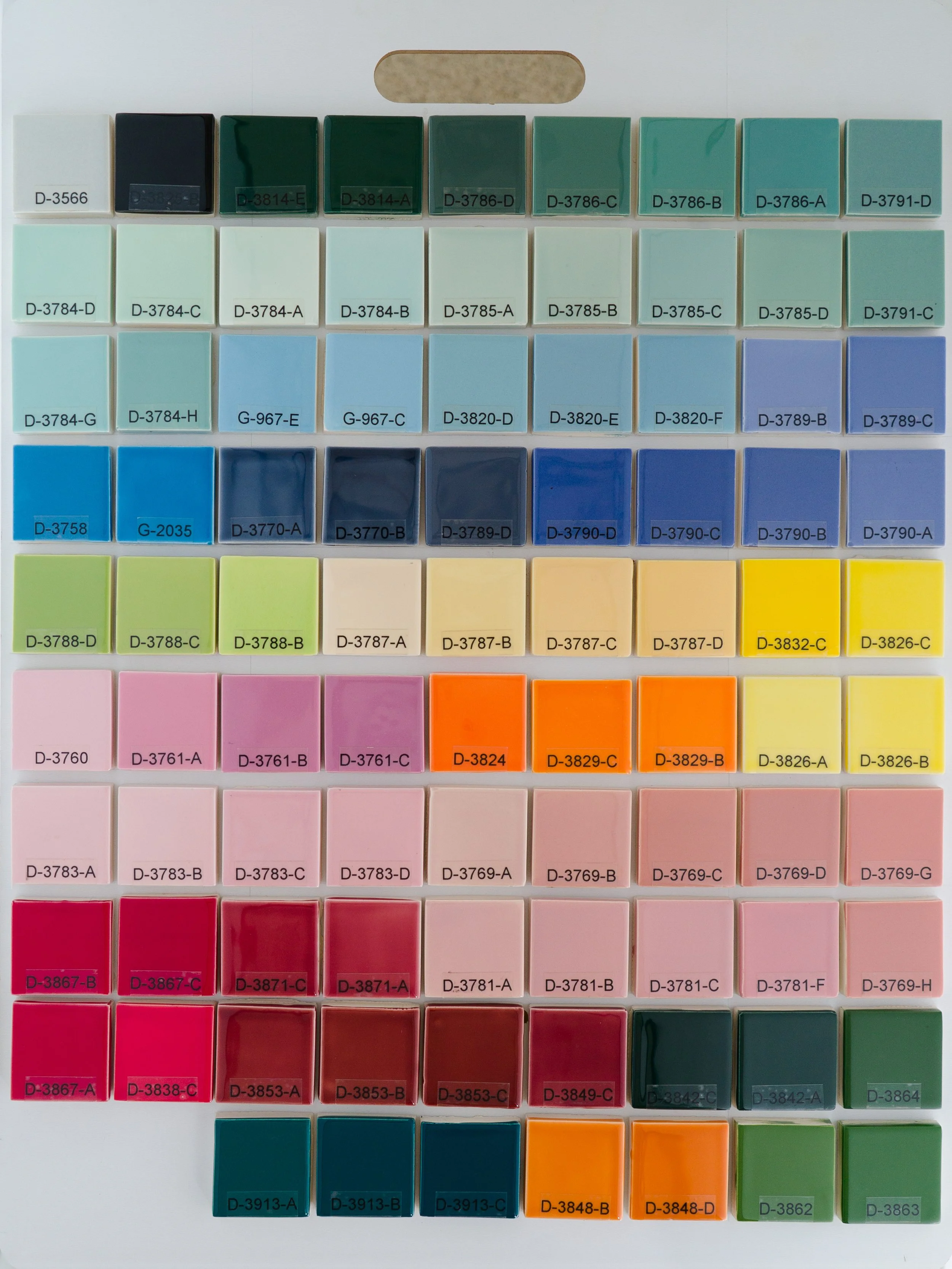 Sample display board 4 showing Gloss Glazes fired on Standard Bisque body at Cone 05. Codes ranges include D-3566 to D-3863.