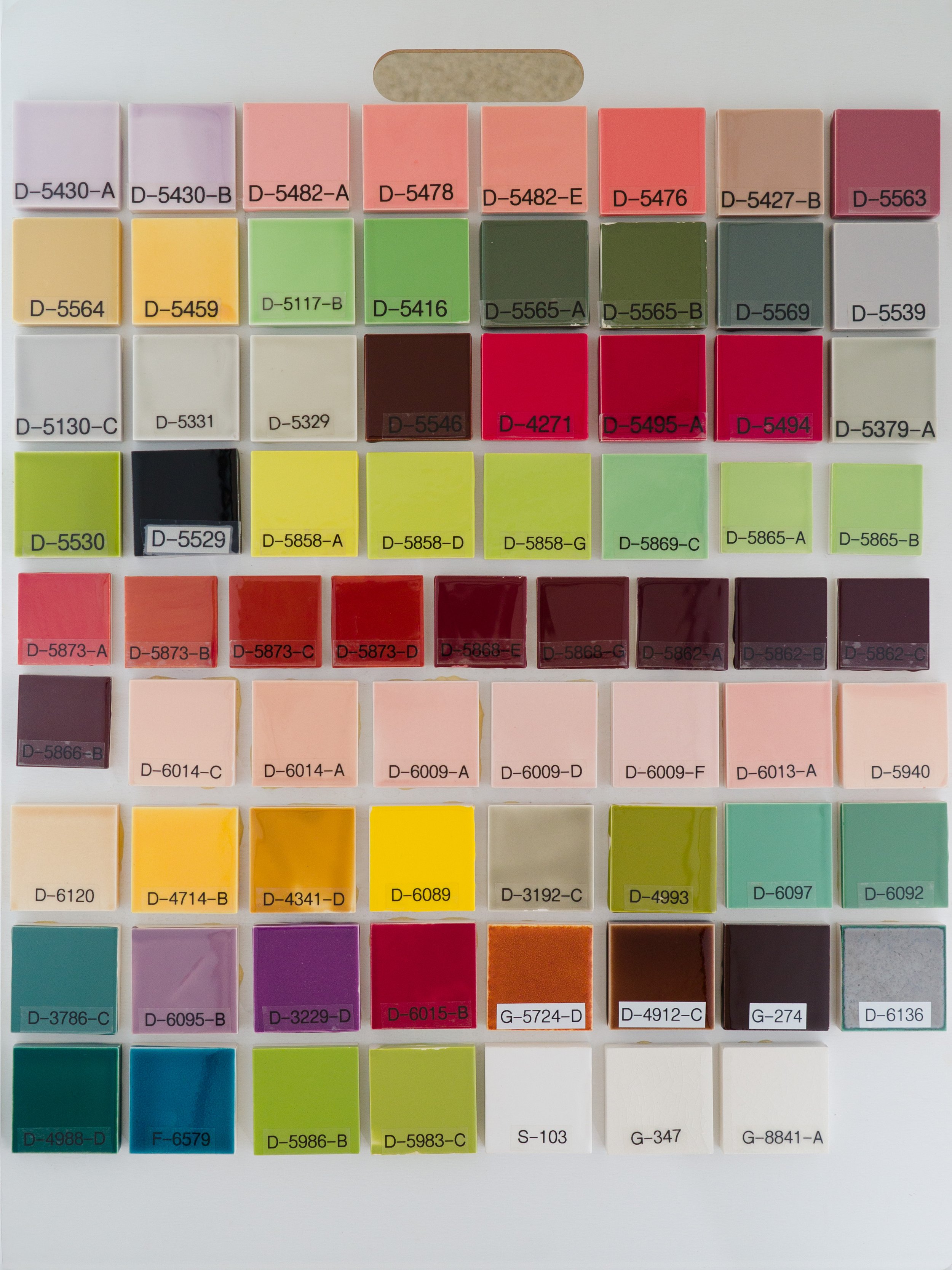 Sample display board 7 showing Gloss Glazes fired on Standard Bisque body at Cone 05. Codes ranges include D-5430-A to G-8841-A.