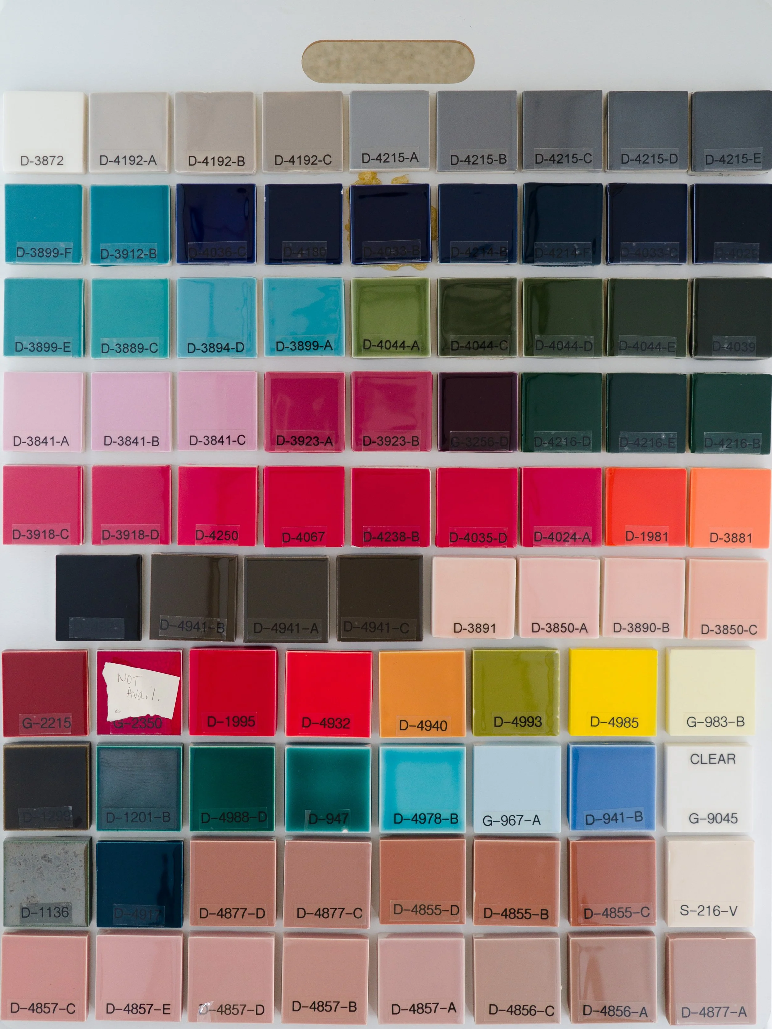 Sample display board 2 showing Gloss Glazes fired on Standard Bisque body at Cone 05. Codes ranges include D-3872 to D-4877-A.