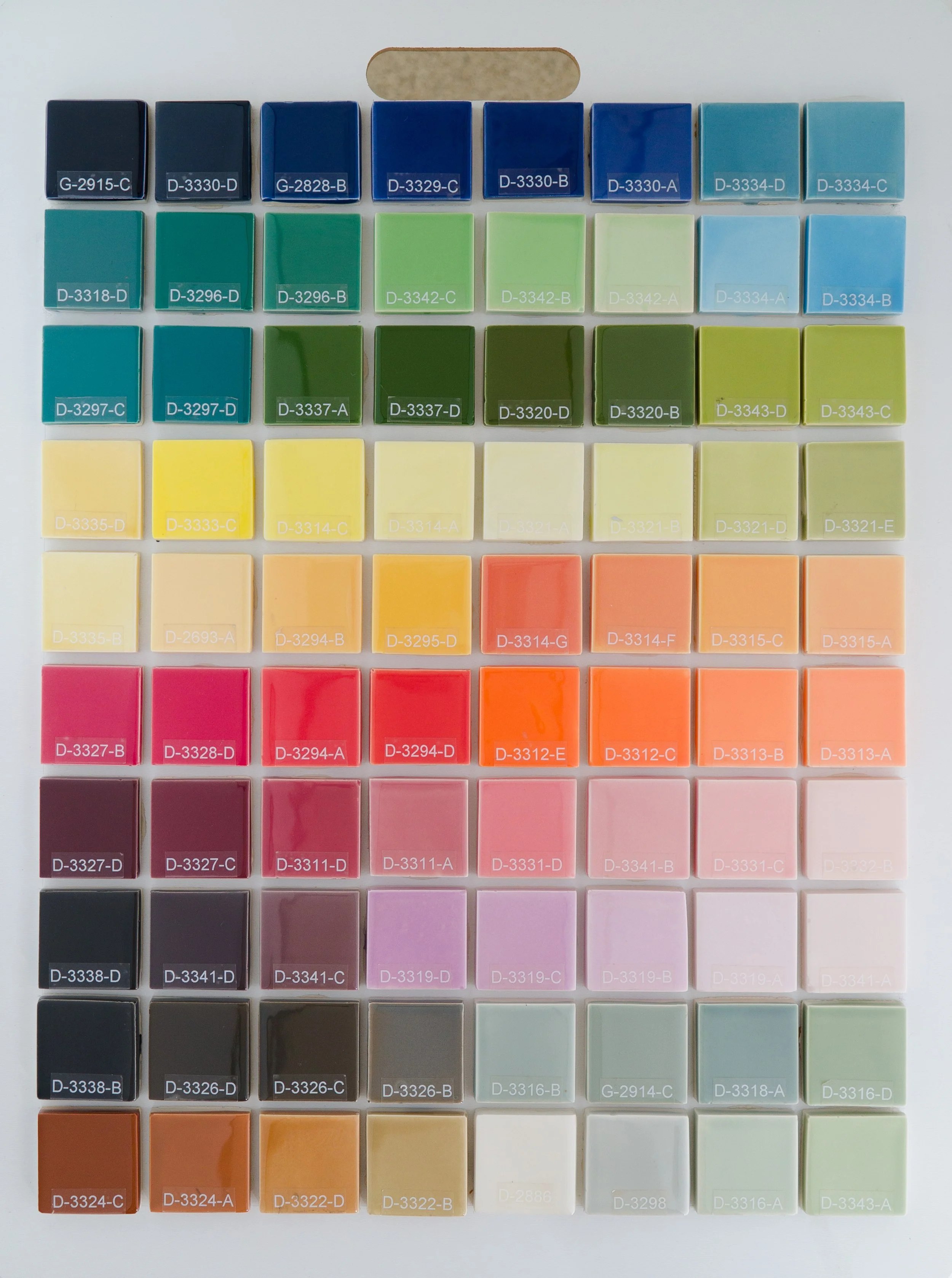 Sample display board 3 showing Gloss Glazes fired on Standard Bisque body at Cone 05. Codes ranges include G-2915-C to D-3343-A.