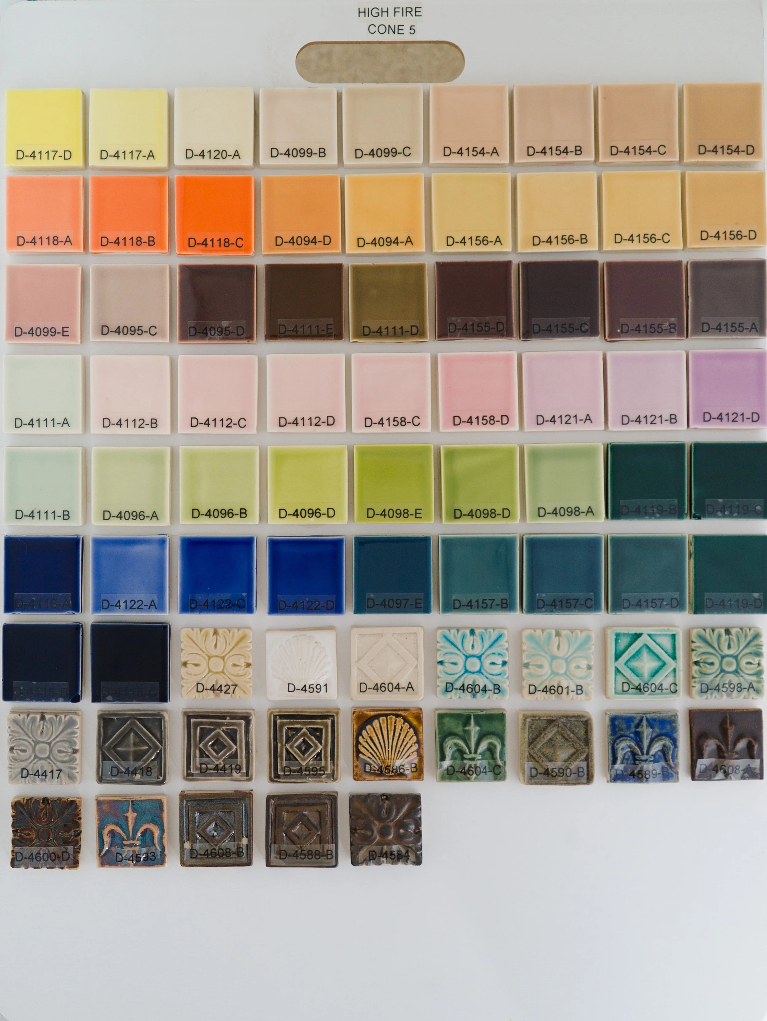 Sample tile board showing Cone 5 glazes on Stoneware clay body (Codes D-4117-D to D-4584).