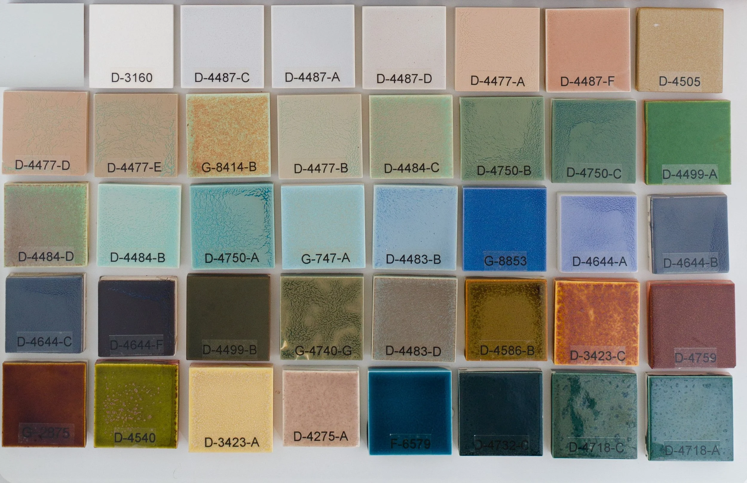 Sample display board 2 showing Break-Up Glazes fired on Standard Bisque body at Cone 05. Codes ranges include D-3160 to D-4718-A.