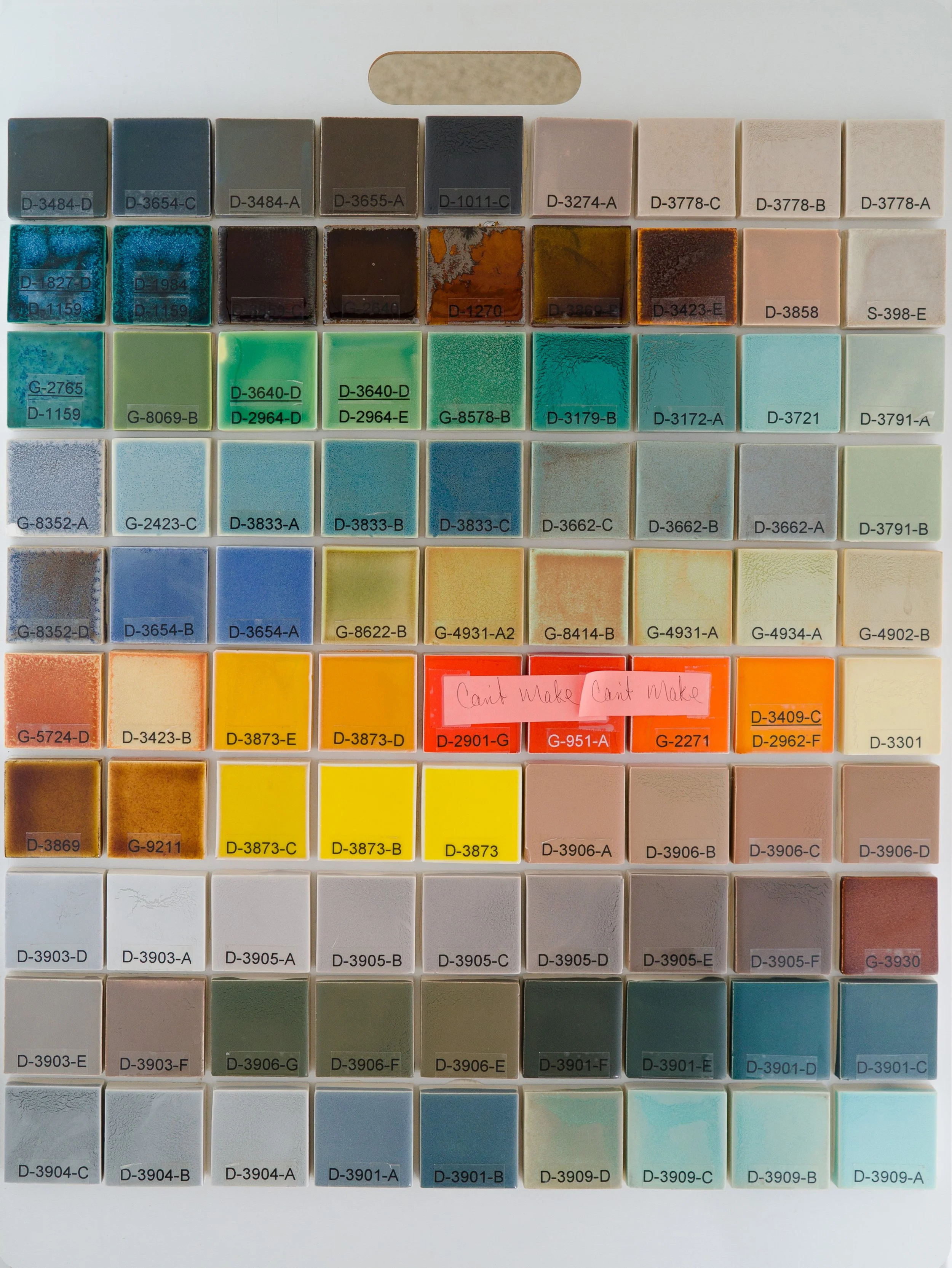 Sample display board 1 showing Break-Up Glazes fired on Standard Bisque body at Cone 05. Codes ranges include D-3484-D to D-3909-A.
