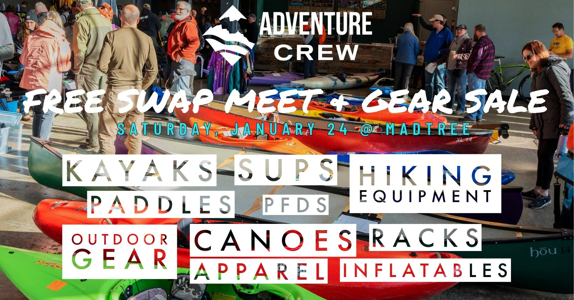 New Year, new (to you) gear.
🛶🥾
Shop for deals on new-to-you paddle craft, bikes, hiking equipment, outdoor apparel and other gently used adventure gear at Adventure Crew's Gear Sale and Donation Day, coming up January 24 at @madtreetaproom! It's a