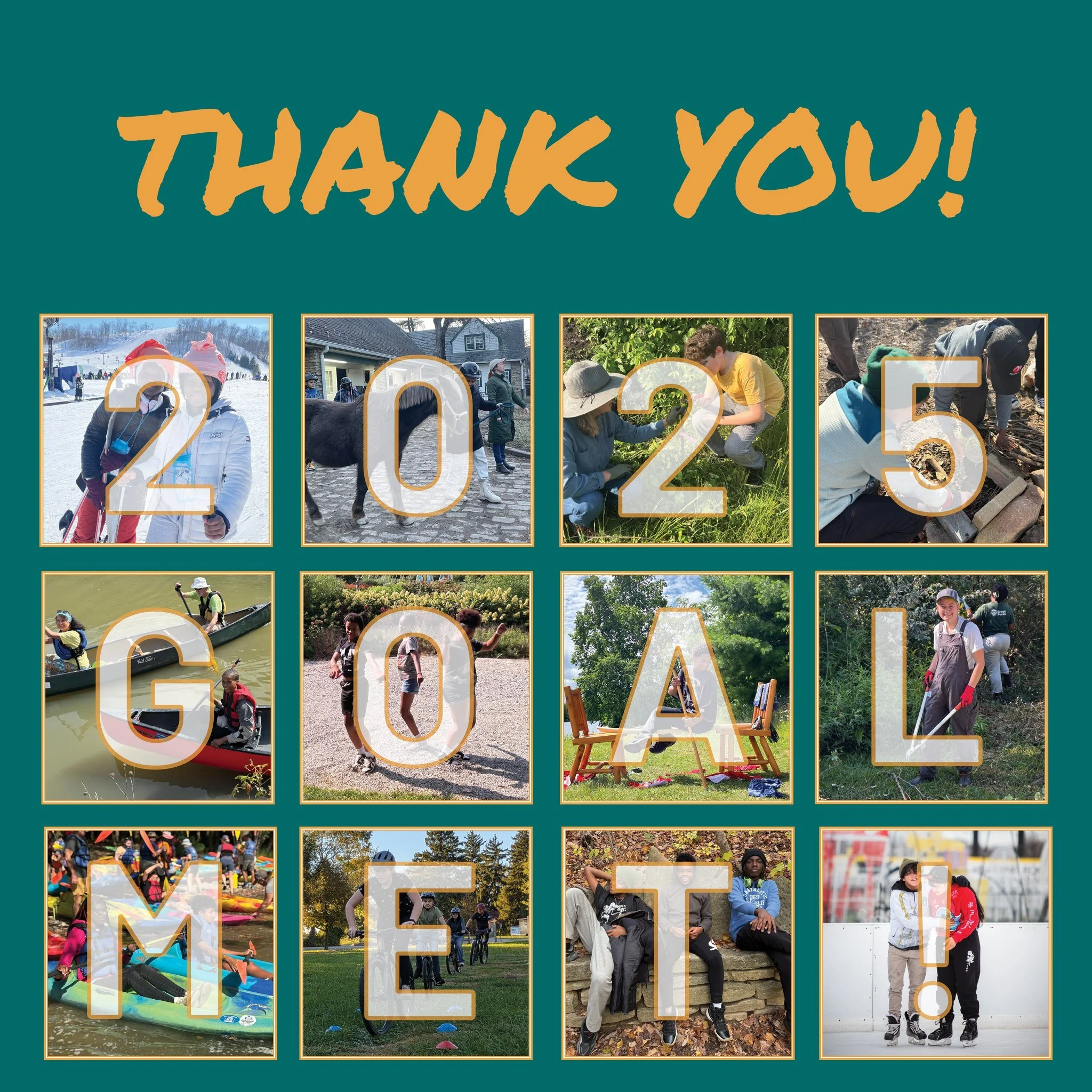 Your support = their adventures.
🎉👏
Thanks to all of you who donated to our year-end campaign! Because of you, we raised $102,048.74 -- more than double our goal! Those funds will be critical in helping us provide a new year of adventures for city 