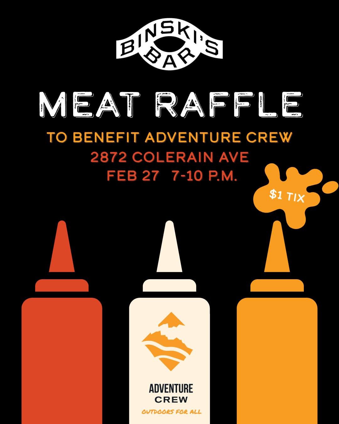 Great cuts for a great cause.
🥩🎟️
Join us TOMORROW, Friday, February 27, for a meat raffle at @binskisbar to benefit Adventure Crew! Raffle tickets are just $1, and the event goes from 7-10 p.m. Stop by for a beer and a chance to win some great cut