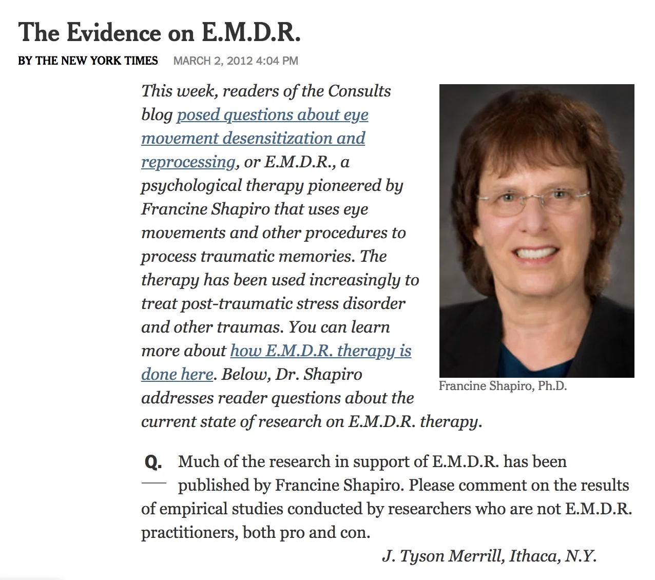Article: The Evidence on E.M.D.R. by The New York Times