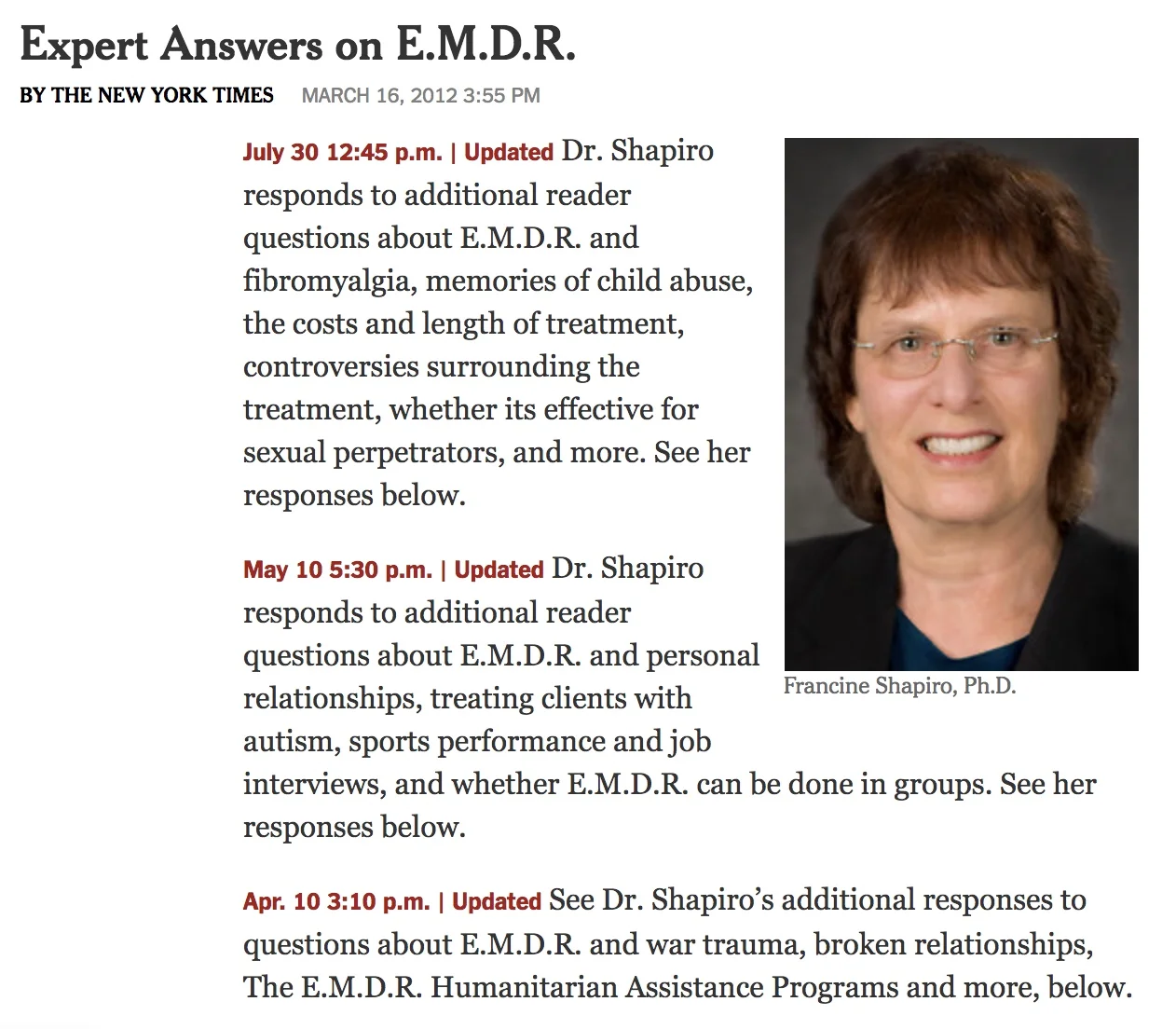 Article: Expert Answers on E.M.D.R. by The New York Times