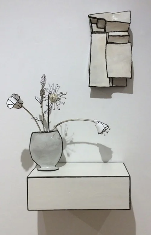Christine Kyle: “Happily Ever After,” ceramic, wood, paint, beeswax, resin, glaze, wire, thread,16”x 31”x 7 1/2”.