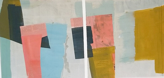 Nancy K. Harrod: “Shifting Narrative #1,” collage with painted papers, 29" X19", 2021, $750