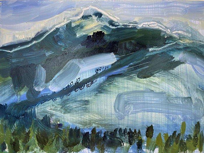 Elizabeth Leone Holmes: "Mount Chocorua in January," oil on panel, 9” x 12", 2021, $600