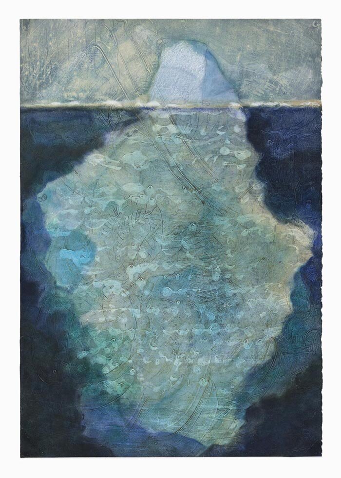 Kata Hull: "Floating Island," oil &amp; mixed media on paper, mounted on wood, 22" x 15.25", 2019, $2500