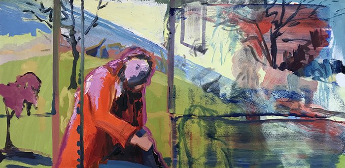 Michelle Brown: "Over the Mountain," oil on birch plywood, 10” x 24”, 2023, $1200 