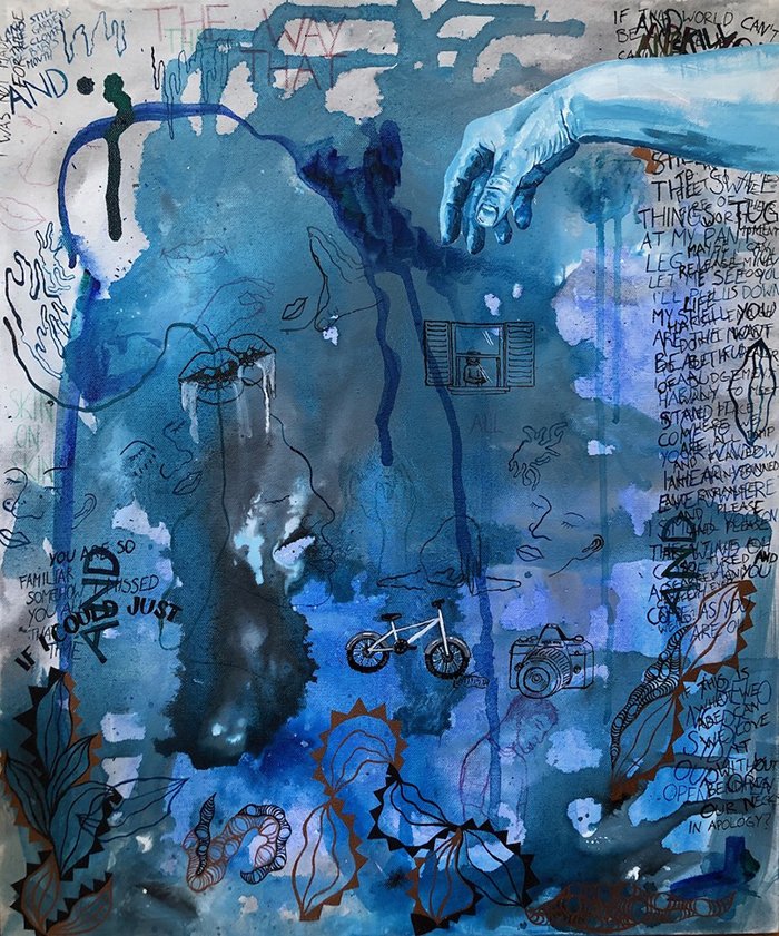 Hannah Brown: "Through a Window, the Blue," 2023, acrylic and mixed media on canvas, 36" x 48", $2500 