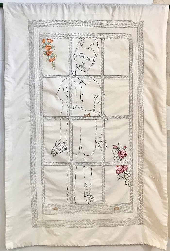 Mary Mazziotti: "Quarantine Window," hand-embroidery on textile, 44" x 30", $3000 