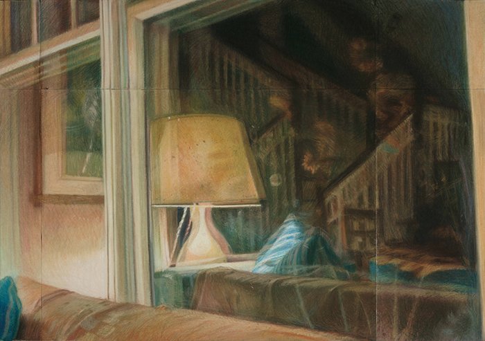 Nicholas Grassi: "Sparrow Lane Interior," conte crayon and colored charcoal on paper, 25.5" x 35.25," 2024, $6500