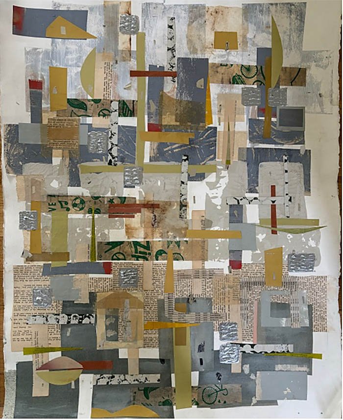 Mary Bablitch: "Reflections on a Gray Lady," 2024, large collage on Arches paper, 38" x 29", framed and wired to hang, $995 