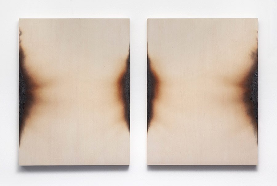 2)	“Edge Burns 2,” 24 x 38 inches, Fire and acrylic on wood, 2025