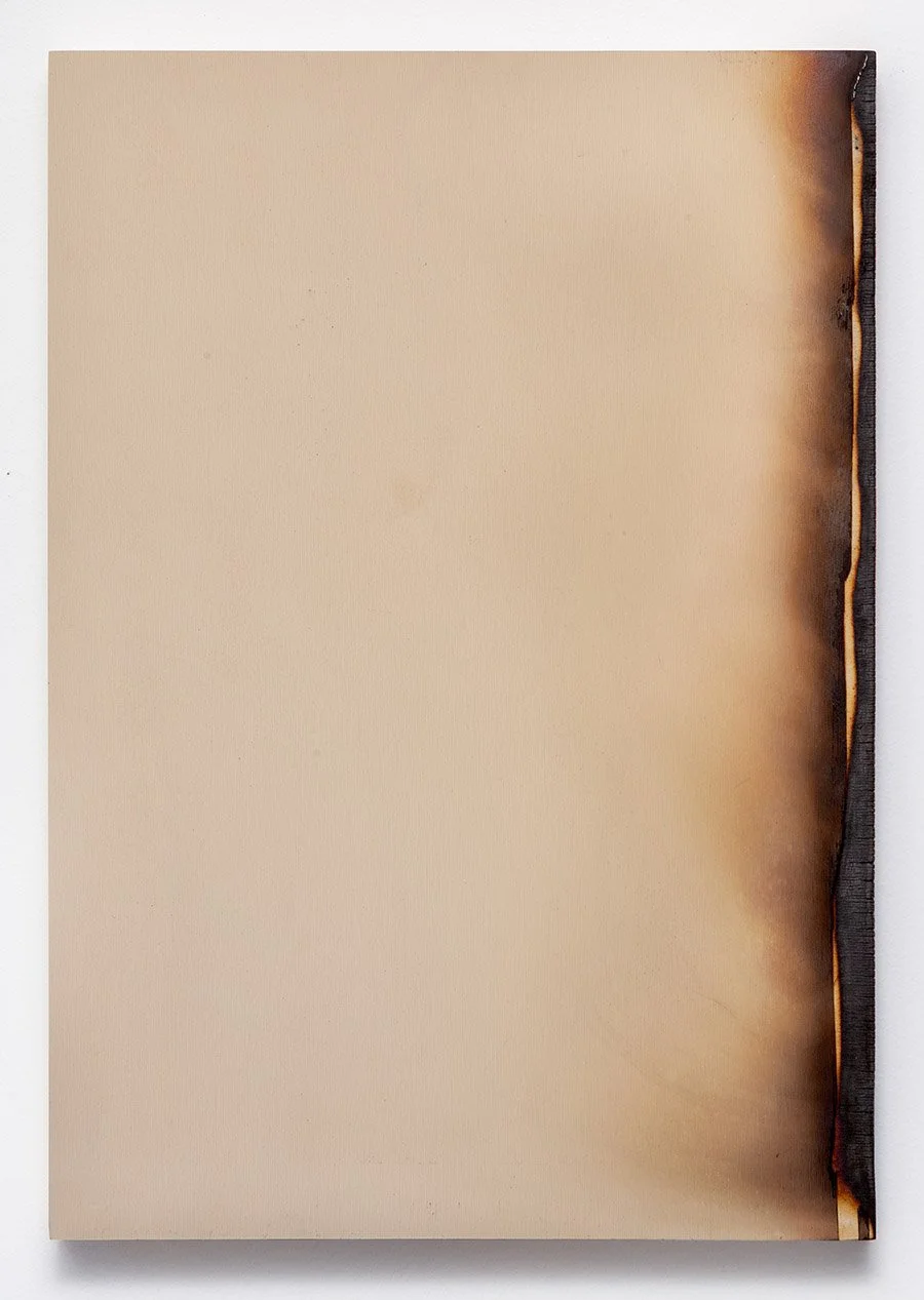 3)	“Edge Burns 3,” 24 x 18 inches, Fire and acrylic on wood, 2025