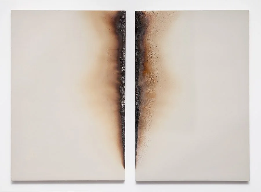 4)	“Edge Burns 5,” 36 x 50 inches, Fire and acrylic on wood, 2025