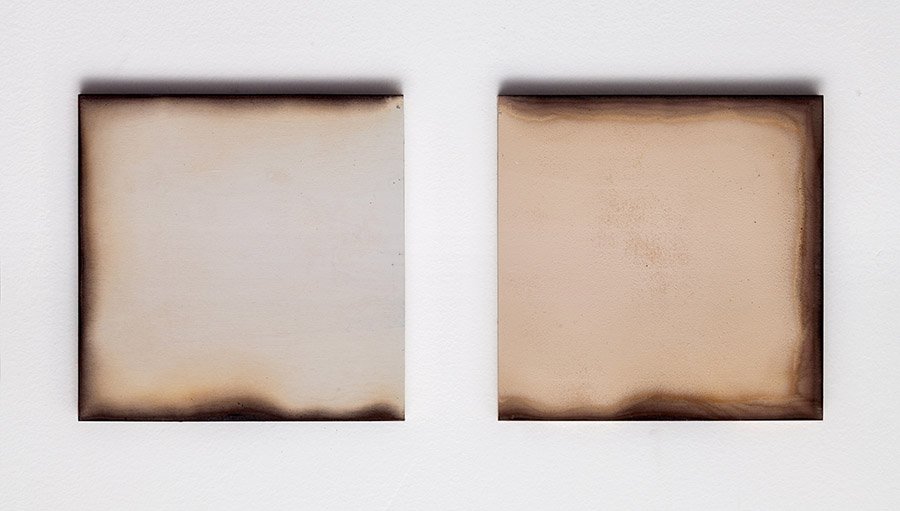 5)	“Edge Burns 6,” 8 x 18 inches, Fire and acrylic on wood 2025 