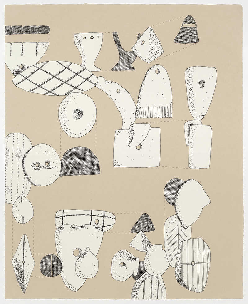 “Ideograms I,” ink, pencil, and collage on gampi paper, 21” x 17”, 2026