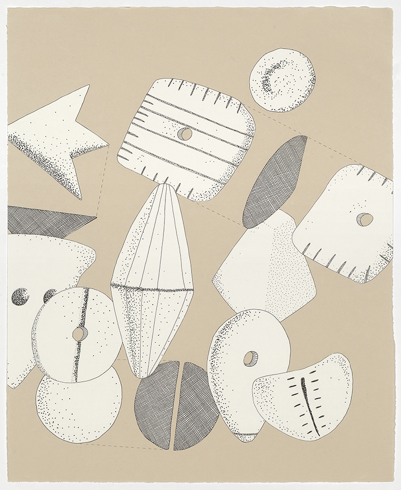 “Ideograms II,” ink, pencil, and collage on gampi paper, 21” x 17”, 2026