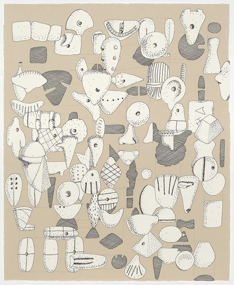 “Ideograms IV,” ink, pencil, and collage on gampi paper, 21” x 17”, 2026