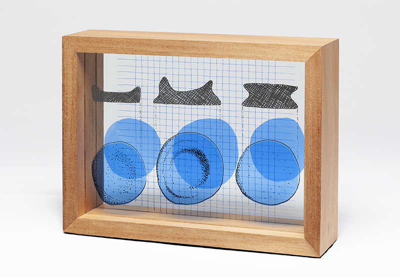 “Resonant Frequencies,” kiln-fired screen printing on glass, wooden stand, 9.5" x 12.5" x 3", 2026