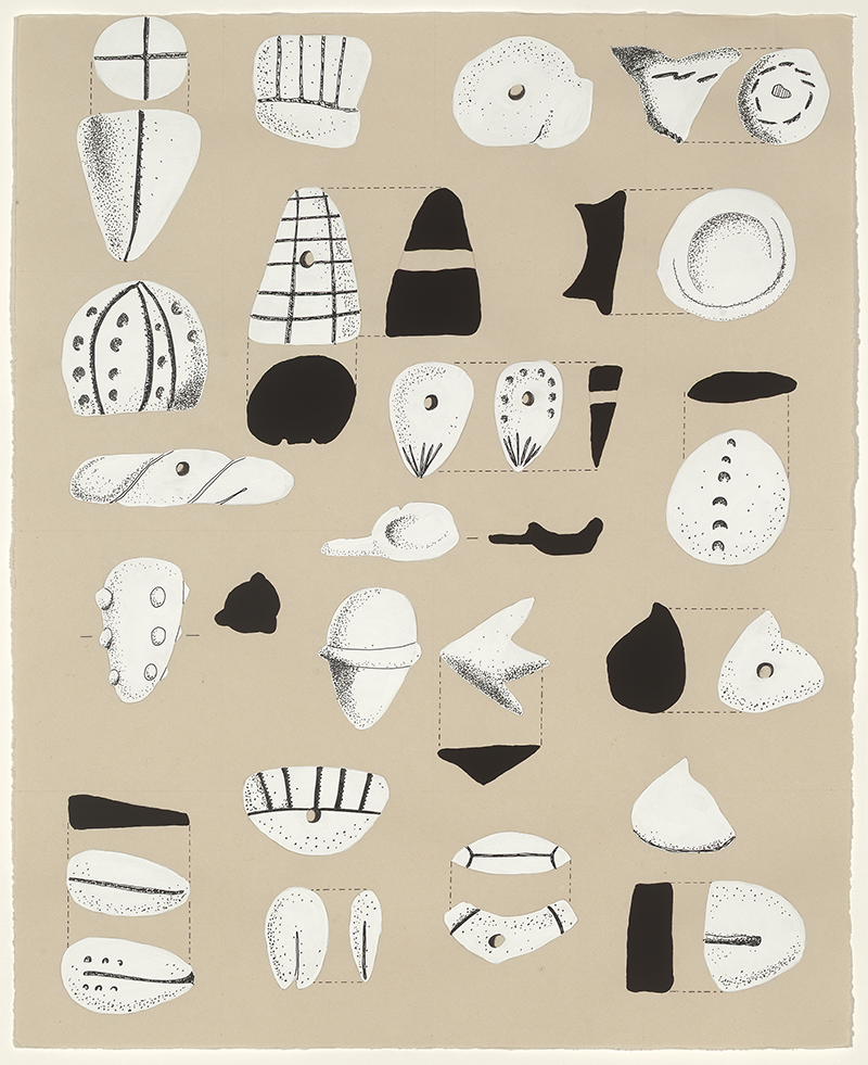 “Tokens I,” ink, pencil, and paint on gampi paper, 21” x 17”, 2026