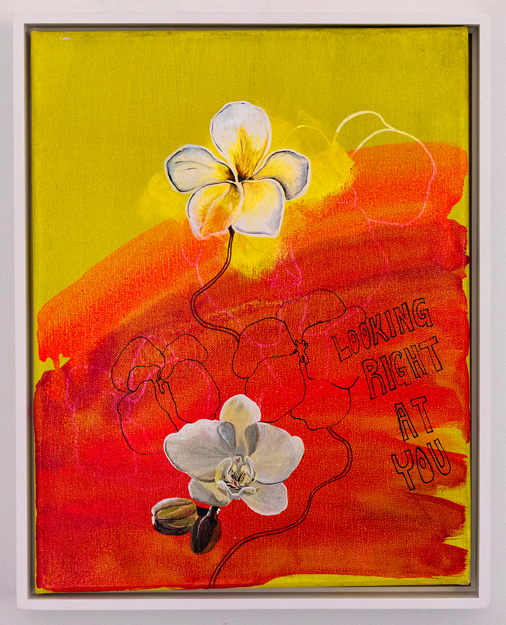 Looking Right At You (Orchids)        acrylic on canvas, mounted on panel        14” h x 11” w	(framed)		        $850