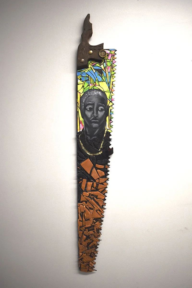 1. Steve Aldeus: “The Players Cut,” Basketball, Leather, Yupo, Acrylic, Alcohol Ink, Paper on Metal, 4ft x 6in, 2023, $1250