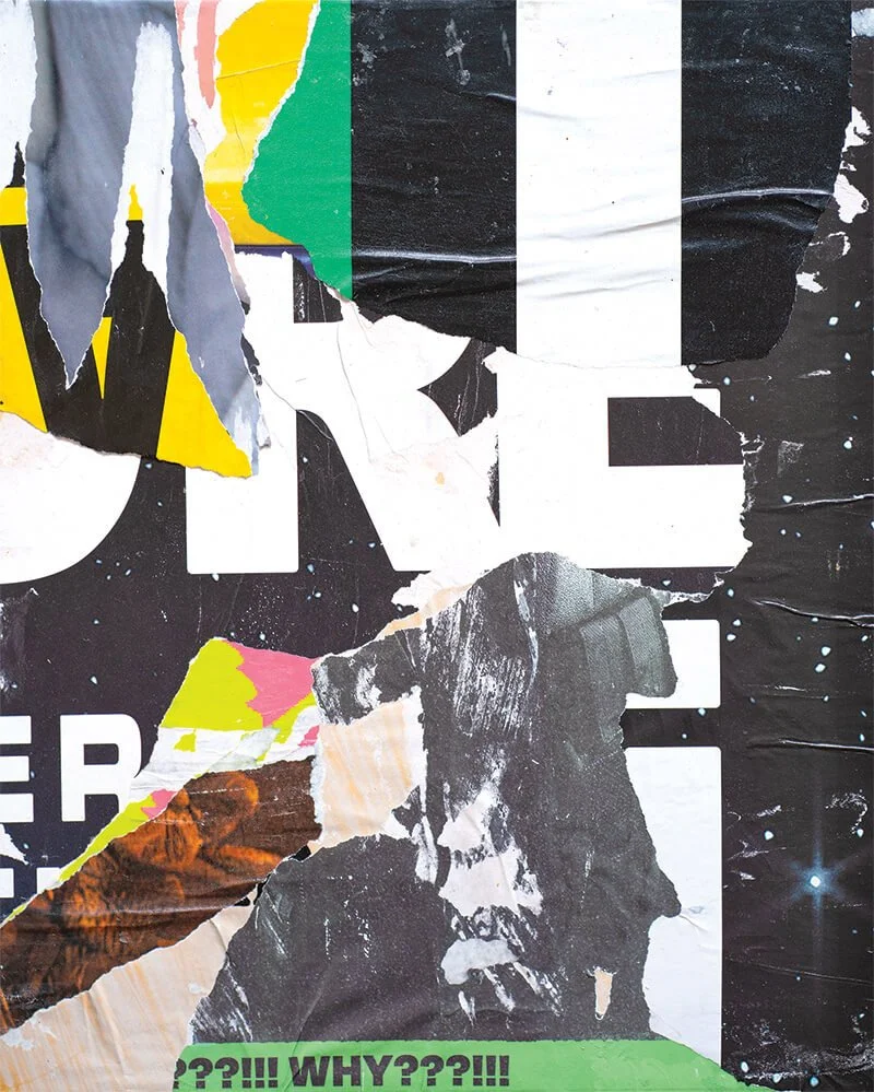 18. Derek Raymond: "WHY," Mixed Media Collage, 20"× 16", 2025, $1400