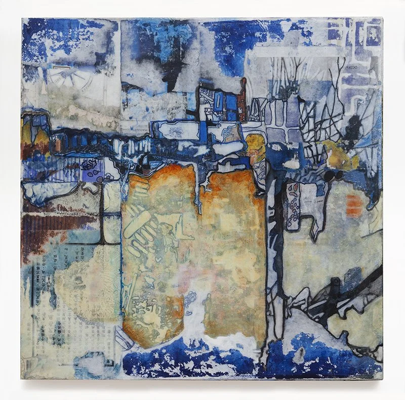 1.	“Lake,” mixed media on wood panel, 12” x 12” 2023, $700