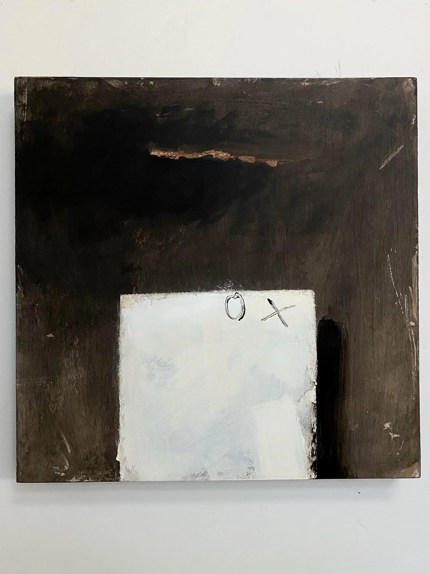 Indelible | Mixed media on paper mounted to panel | 20x20 inches |2011
.
Look back at these two works for the through lines. 
.
The first painting, done in 2011, was made in response to seeing a lithograph by Antoni Tapies in a friend&rsquo;s home. I