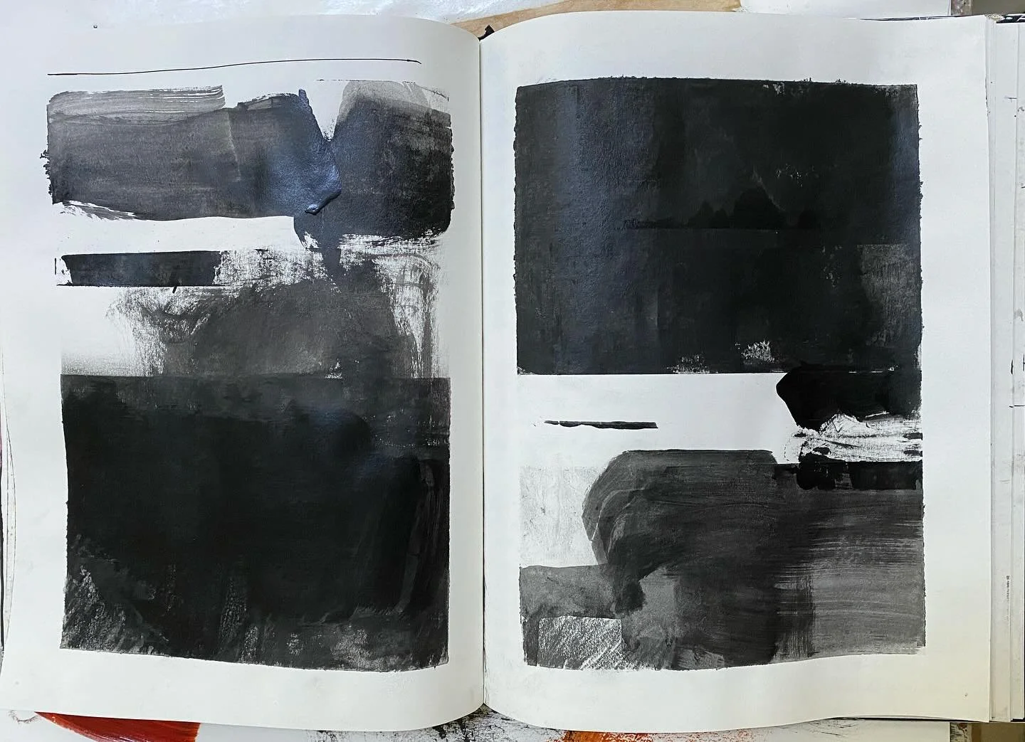 After a break in my studio work I always start back with some sketchbook work and with a simple intention in mind. Using the focus of black on a white page, and exploring how to create interest with the forms, and the variations within the blacks, gi