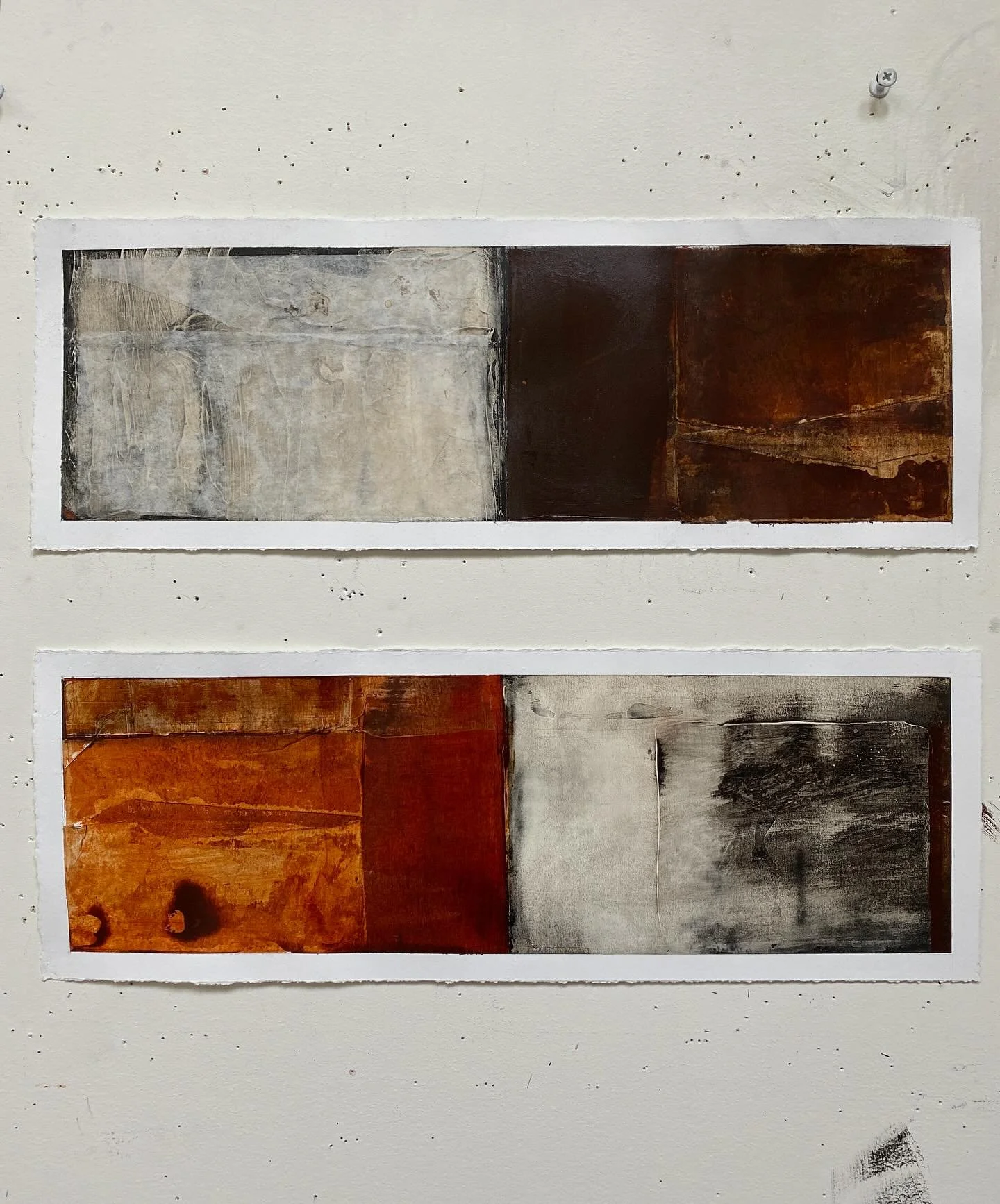 Picking up the threads of previous work as I return to the studio. After a break, what allows me to reconnect is to return the to working structure I was exploring. These two pieces use the same long, narrow format I have been interested in, but the 