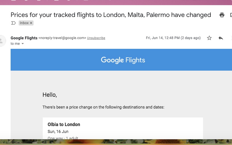 Google flights email notification
