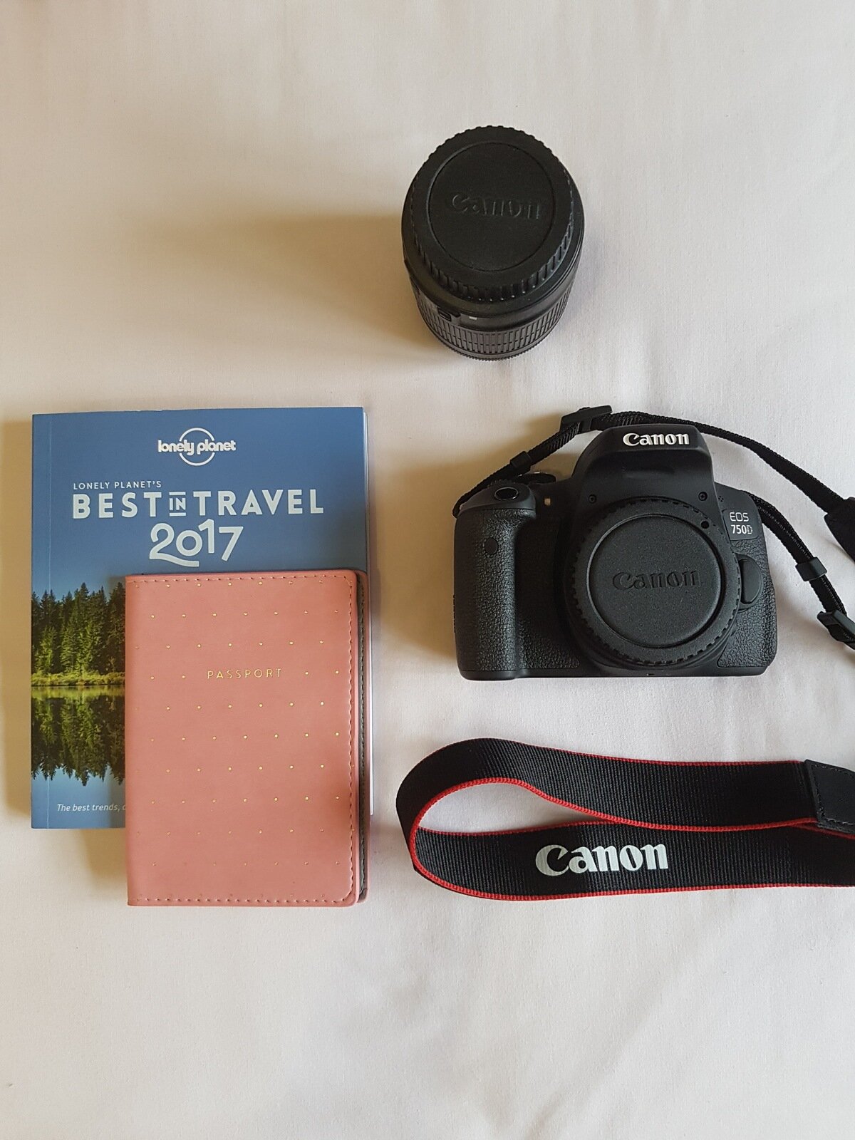 Canon camera, lens and passport