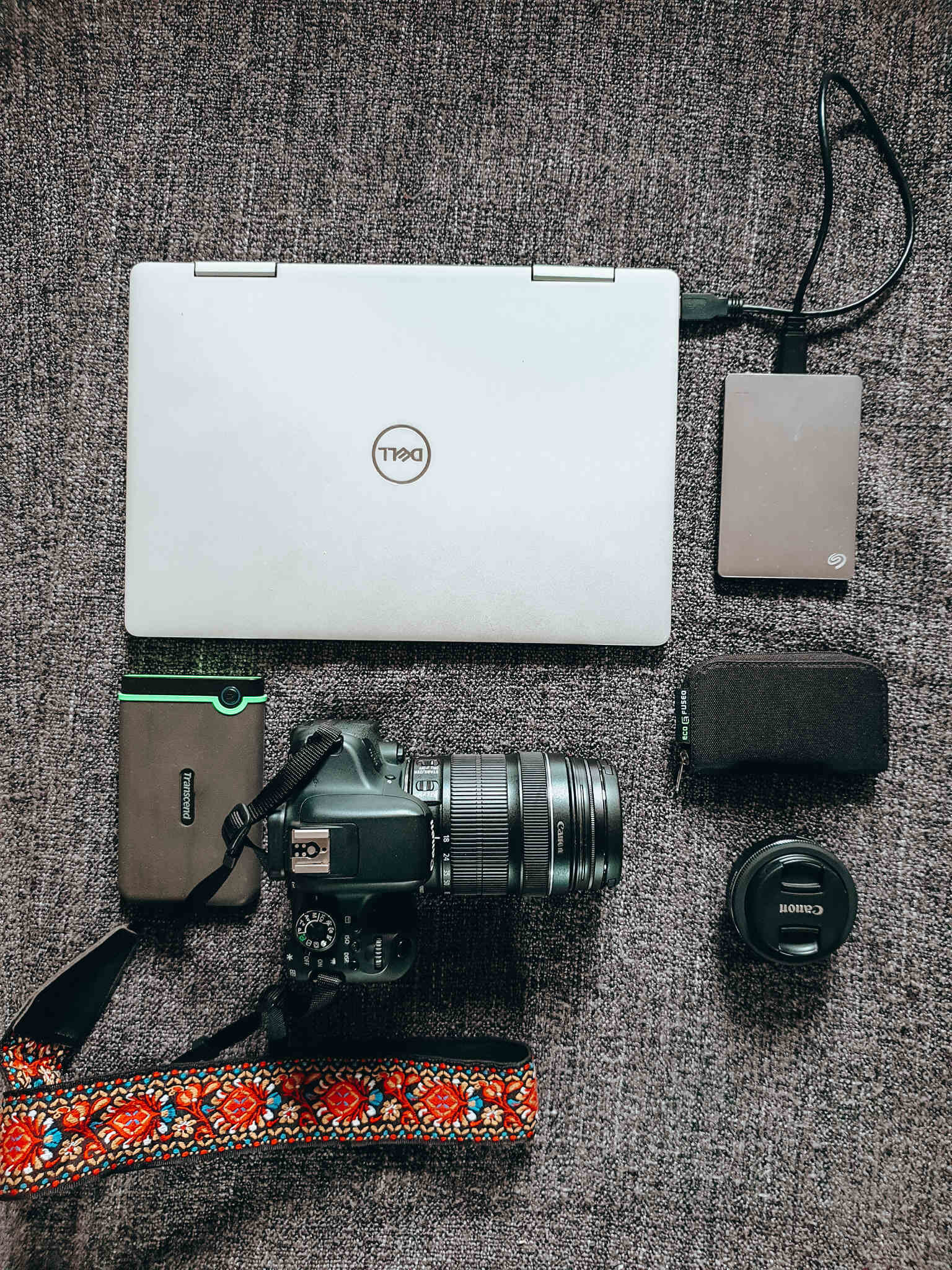 laptop, camera, lens, hard drives and SD card holder