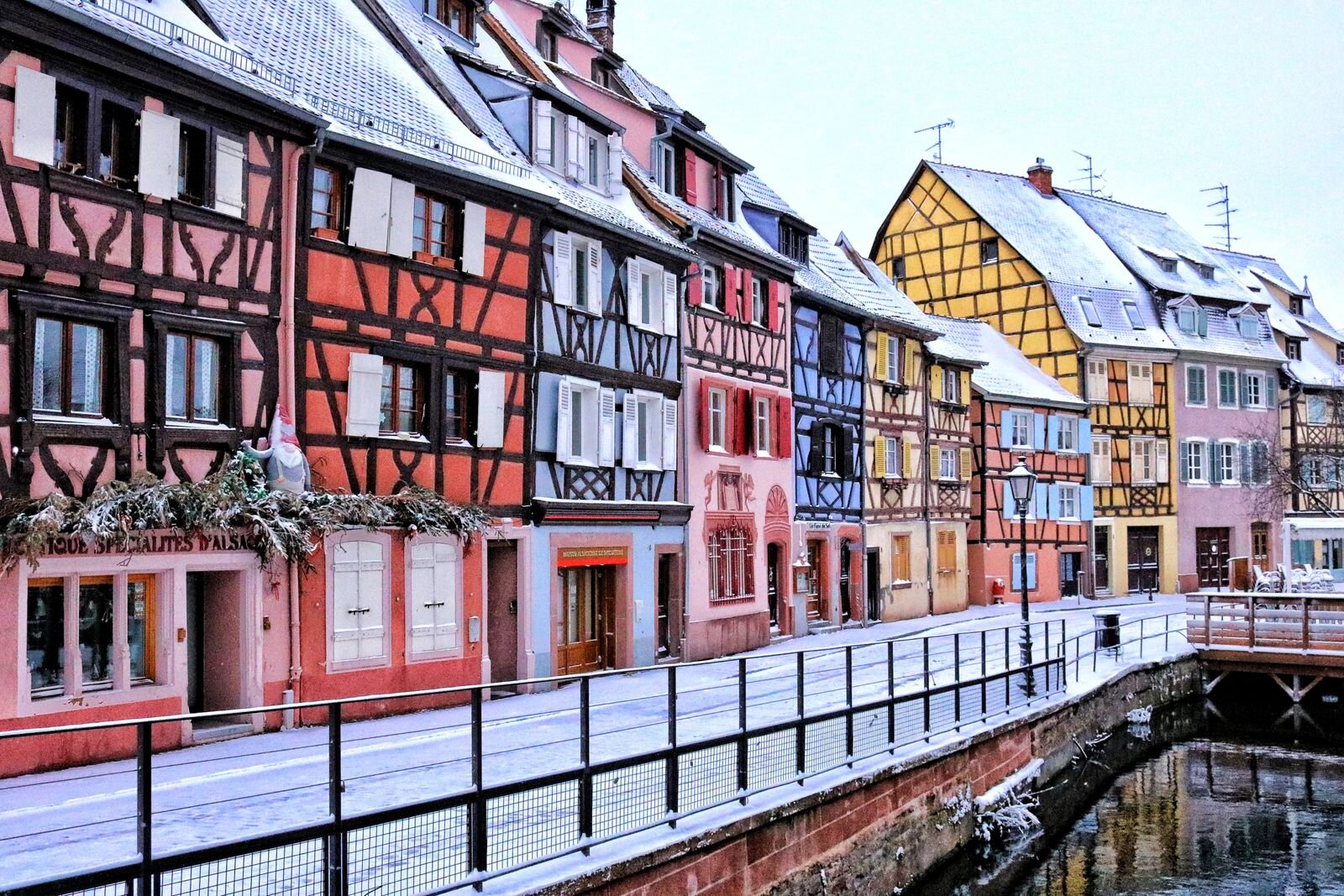 Colourful Alsace timber frame houses in Colmar in the snow