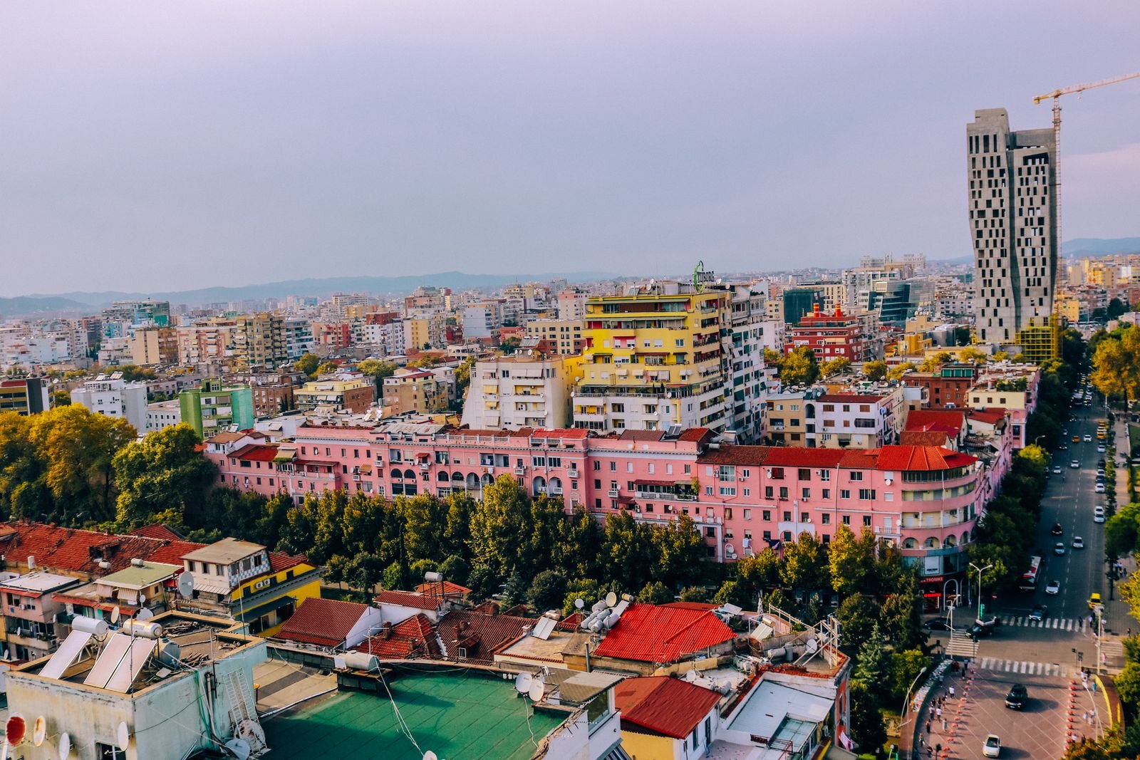Colourful buildings of Tirana city seen from the Sky Tower