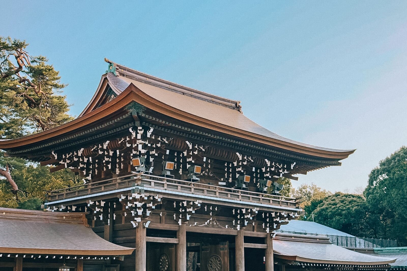 A large ornate wooden gate at a Meiji shrine in Tokyo
