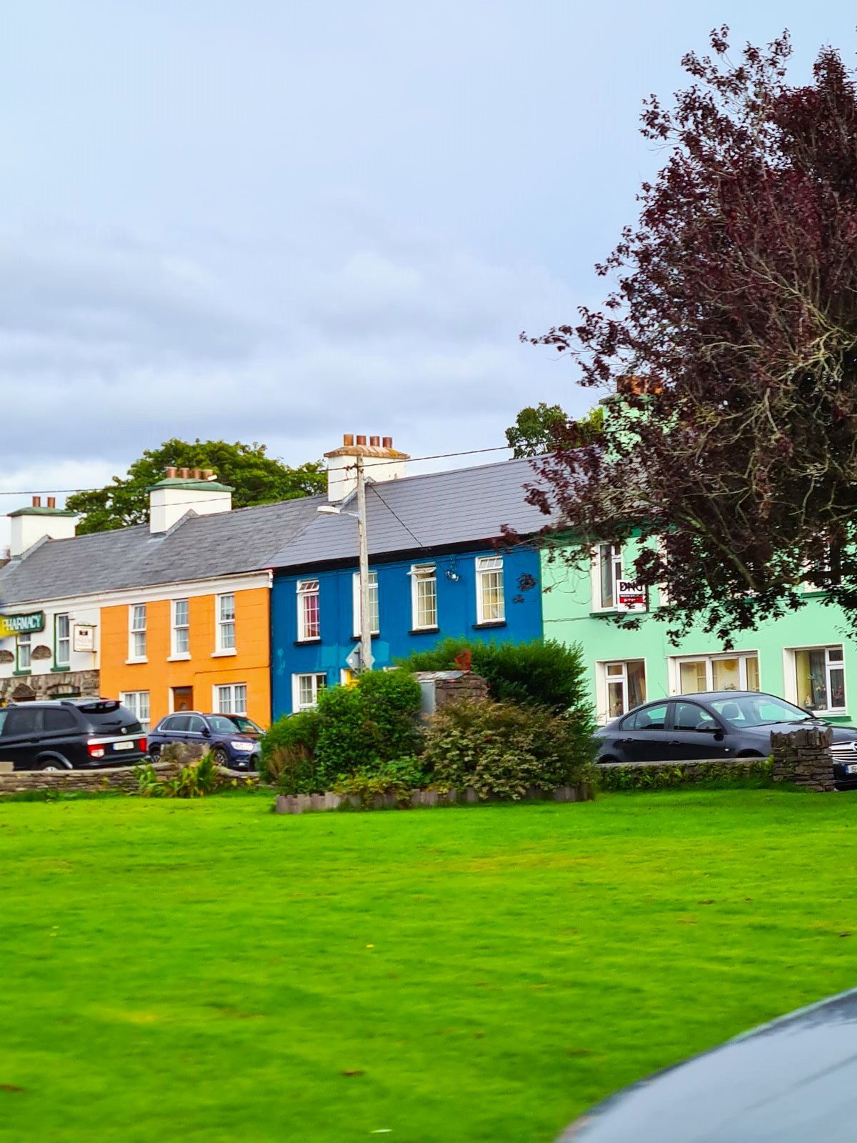  Colourful houses lining the street with a large grass yard in front 
