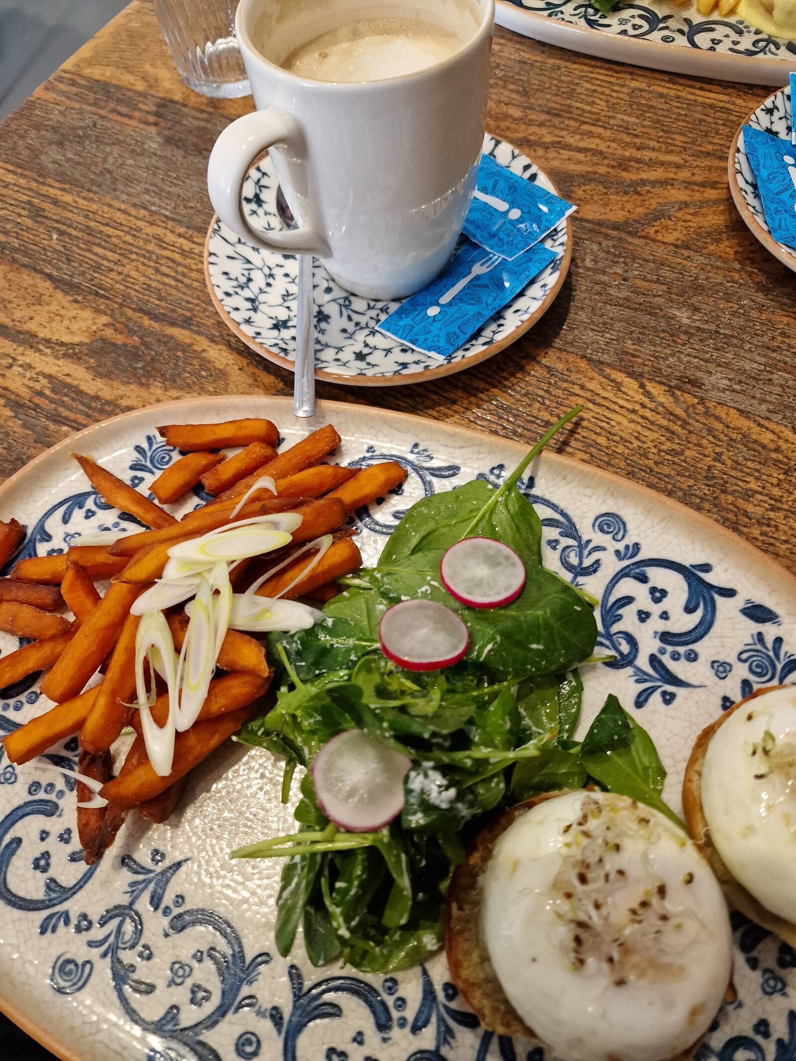 poached eggs, salad and sweet potato breakfast