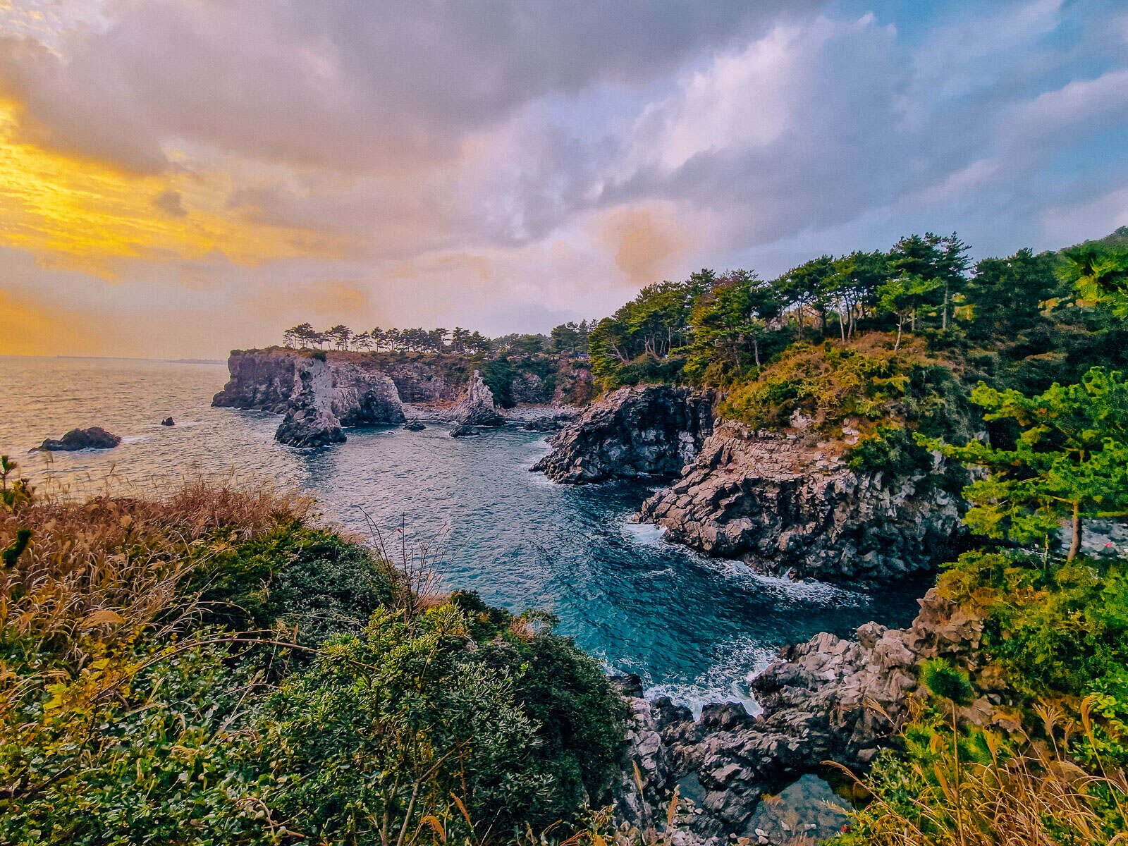 a rugged, rocky coastline with lots of greenery and blue seat at sunset