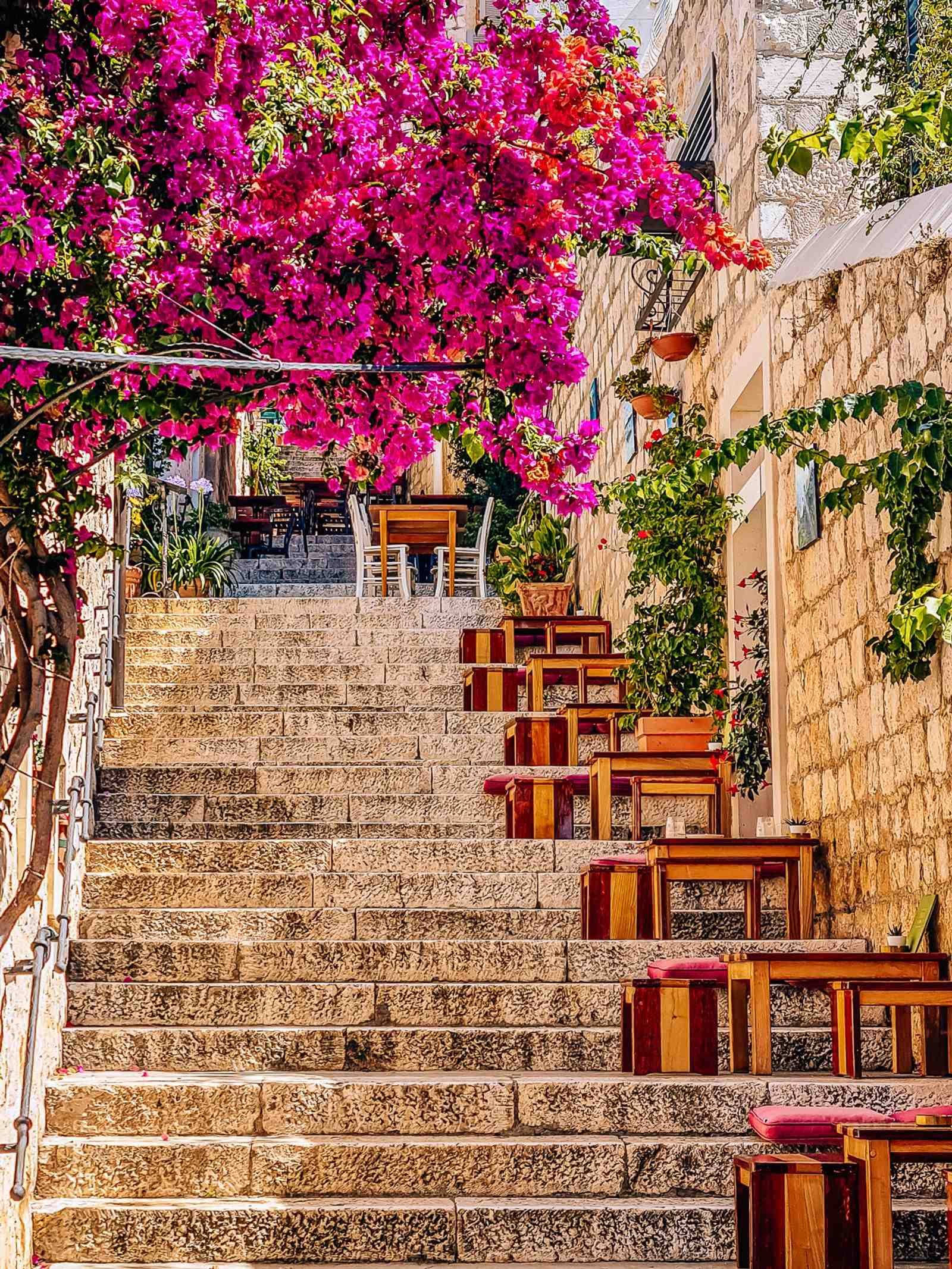Dozens of wooden dining tables lining stone steps up the street in Hvar with pink bougainvillea hanging over the steps