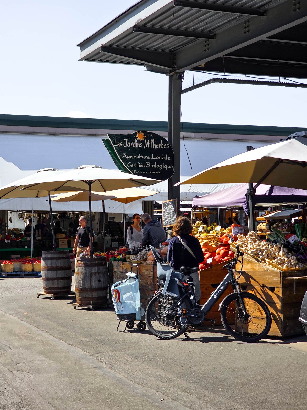 An outdoor corner of a market with a woman standing next to her bike and buying vegetables. The market stand is covered is colourful vegetables and shaded with large umbrellas