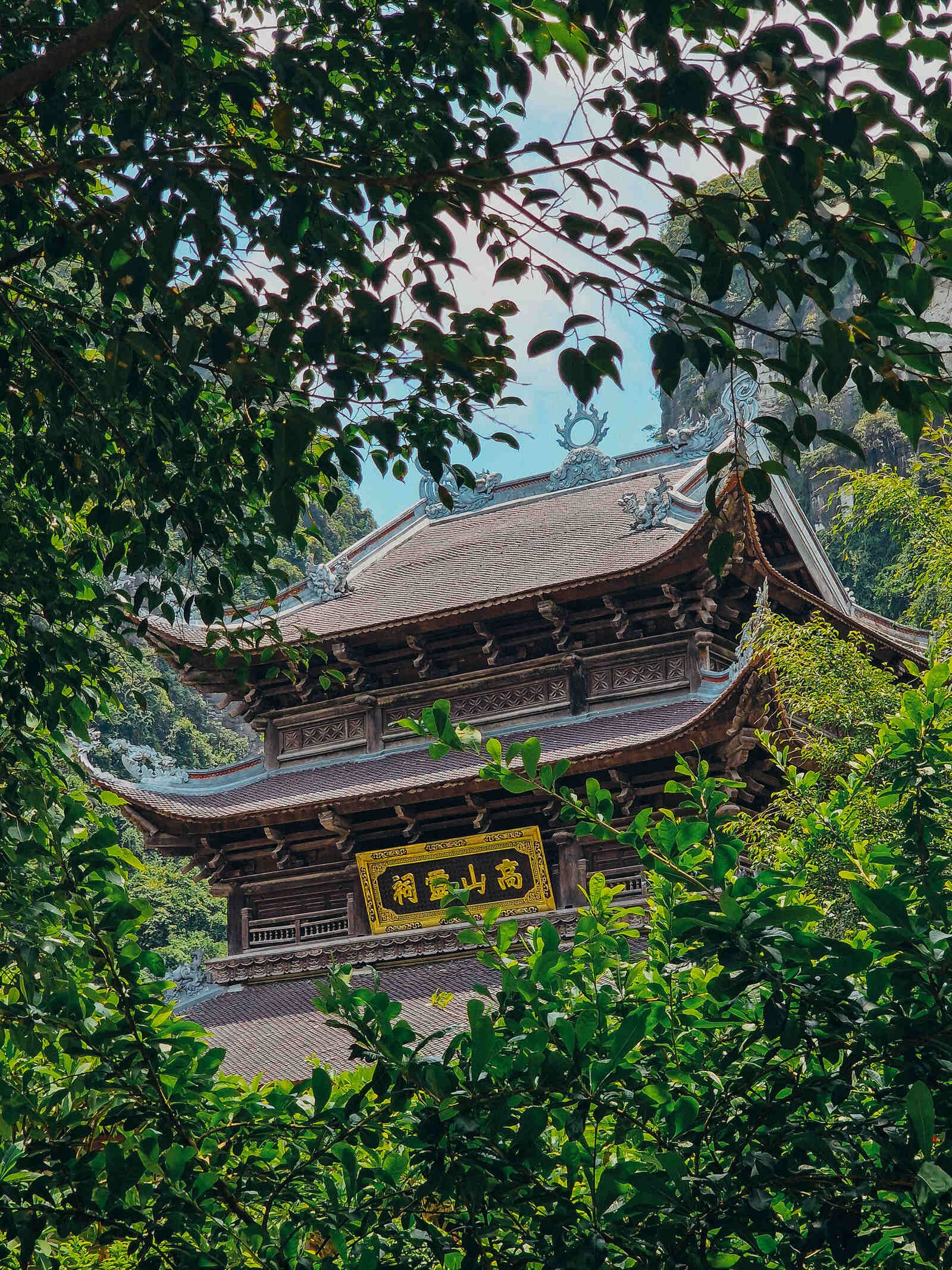 a wooden pagoda surrounded by leafy green trees